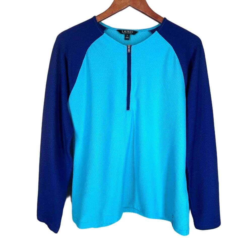 Ralph Lauren Knit Top XL Royal Blue Turquoise Quarter Zip Polo Stretch SPF